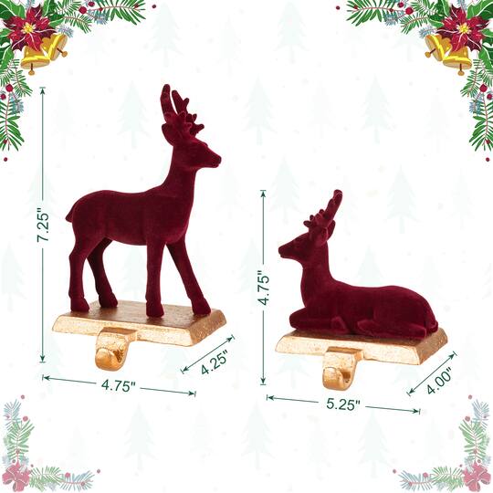 Glitzhome® Set of 2 Flocked Burgundy Resin Standing & Sitting Reindeer Stocking Holders
